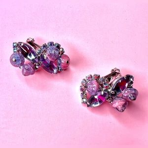 Vintage Costume Jewelry Aurora Borealis Clip on Earrings, Colored Rhinestone